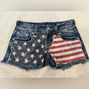 Miss Me Sequin Flag Denim Shorts - Red, White, Blue